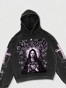 ROMWE MEN Street Life Men's Printed Washed Loose Cropped Hoodie - Black - View 4