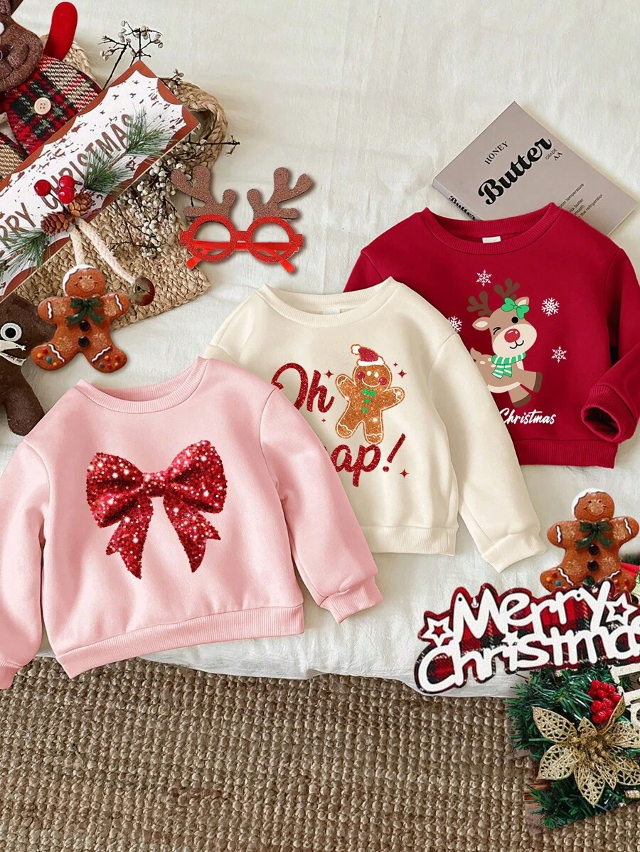 SHEIN 3pcs Baby Girls Christmas Bow, Gingerbread, Reindeer Print Thermal Lined Long Sleeve Hoodies Set For Baby Girls, Autumn/Winter - Multicolor - View 1