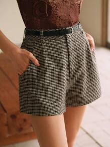 Anewsta 女士优雅现代时尚千鸟格短裤，适合冬季通勤 - 杏色 - 查看 6