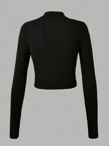 SHEIN Sparklyn Tween Girl Minimalist Ribbed Stand Collar Zip-Up Cardigan - Black - View 2