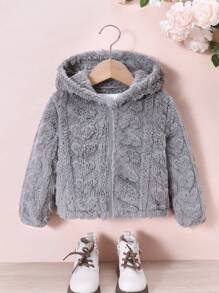 SHEIN Elladie kids 1 件年轻女孩休闲粉色柔软羊毛夹克，心形图案拉链前开衫带帽，秋冬 - 灰色 - 查看 6