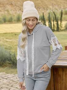 LanaWest Women's Autumn Patchwork Striped Long Sleeve Hooded Loose Casual Sweatshirt Pullover Fall - White - View 5