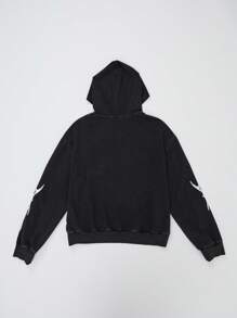 ROMWE MEN Street Life 男士水洗字母与五角星印花长袖连帽衫，秋季 - 黑色 - 查看 2