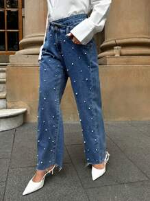 Forever 21 女士不对称腰带仿珍珠装饰口袋直腿休闲牛仔裤 - 藍色 - 查看 3