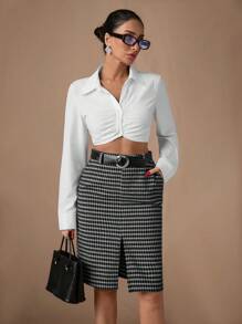 RueChic Women Check Pattern High Waist Skirt - Brown - View 1