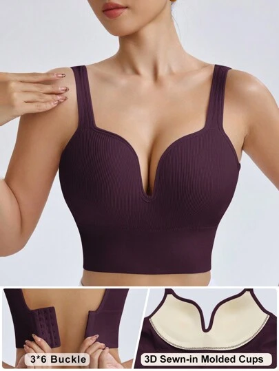 Easithlete 无缝高强度运动工字背胸罩，无可拆卸胸垫的运动胸罩，带缝制胸垫的运动胸罩，高强度支撑带不可拆卸胸垫模制罩杯，适用于女士高支撑工字背、健身、瑜伽、跑步