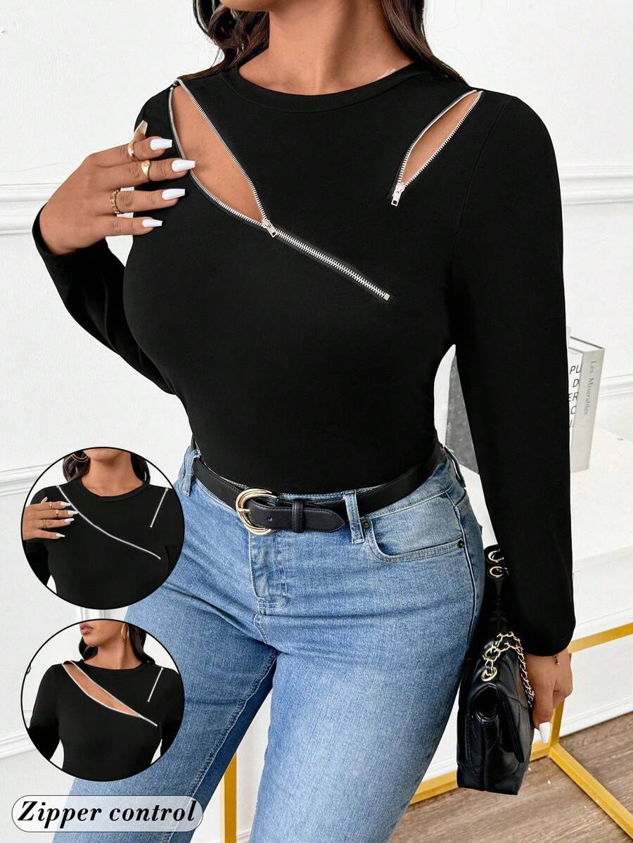 Calvaya Plus Size Women Zipper Hollow Design Slim Fit Long Sleeve T-Shirt For Spring - Black - View 1