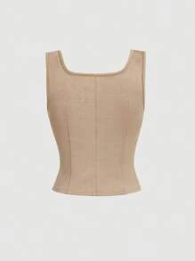 SHEIN MOD Lace Up Front Brown Center Front Lace-Up Eyelets Tank Top Without Blouse - Khaki - View 2