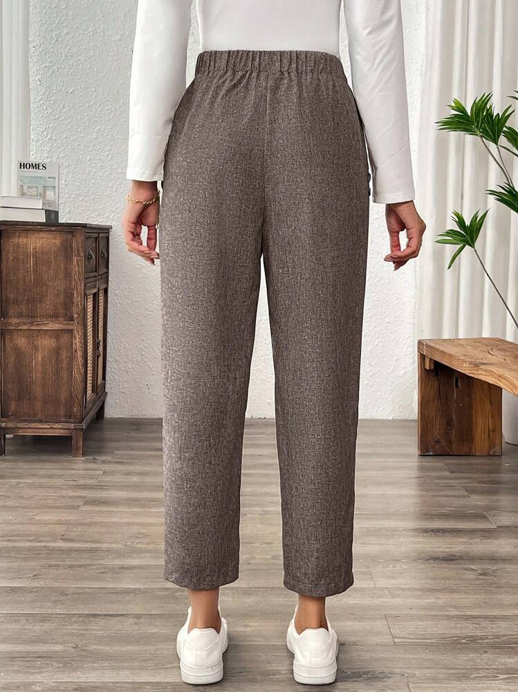 EMERY ROSE Women's Woven Texture Button Decor Pocket 7/8 Pants, Casual & Elegant - Brown - View 2