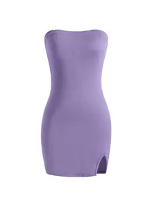 Flirla Vestido corto casual de mujer con diseño de abertura bandeau de un solo color, vestimenta de mujer minivestido