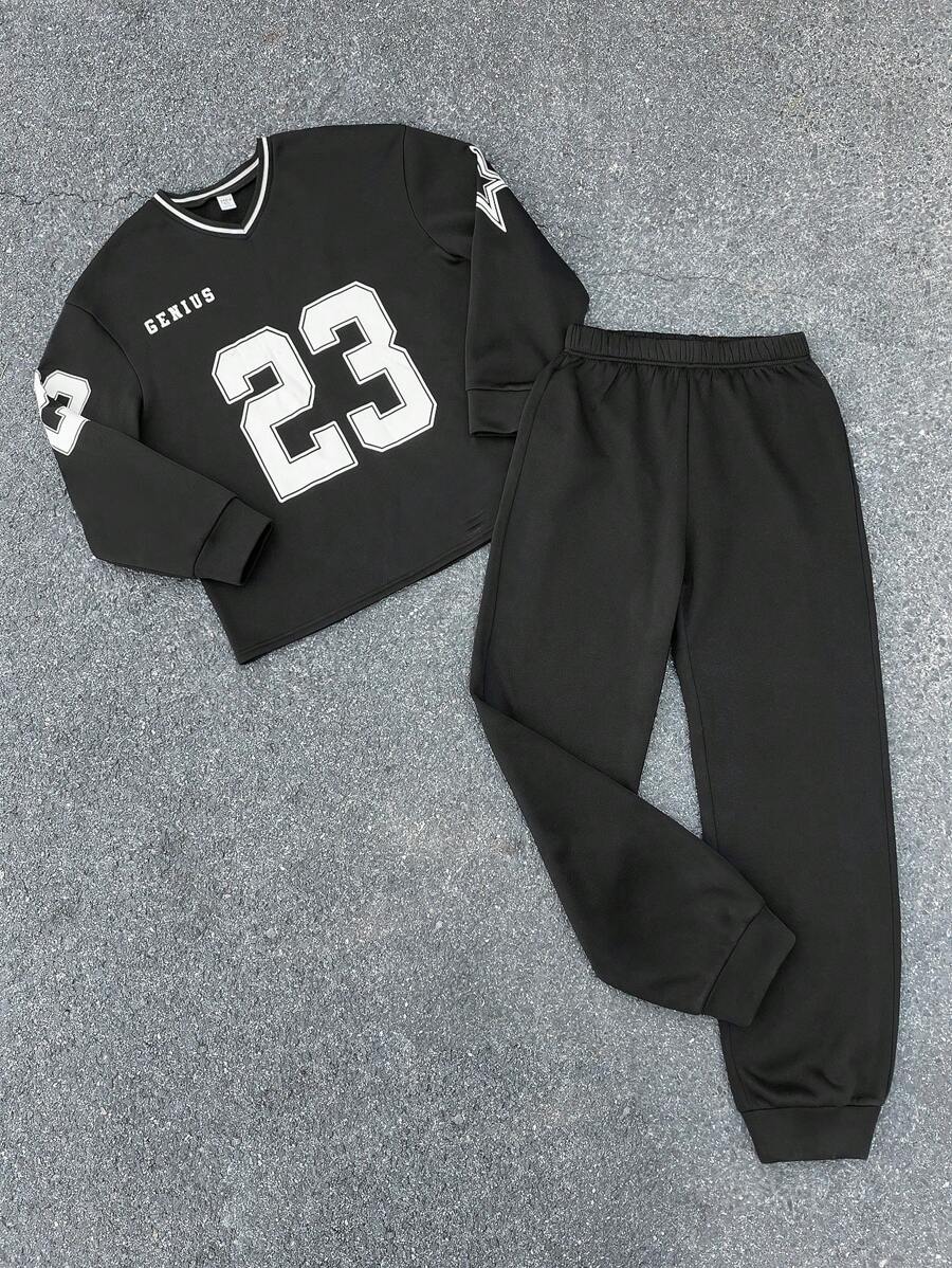 SHEIN 青少年男孩纯色拼布长袖数字印花简约运动衫和裤子套装 - 黑色 - 查看 1