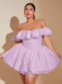 SHEIN BAE 大码褶皱蕾丝边露肩优雅褶裥连衣裙，派对礼服 - 淡紫色 - 查看 6