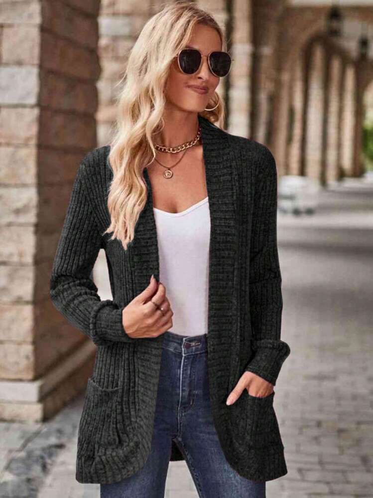 EMERY ROSE Women's Chunky Knit Long Sleeve Solid Color Double Pocket Regular Fit Casual Outerwear Fall Winter Cloth For Women - Dark Grey - View 4