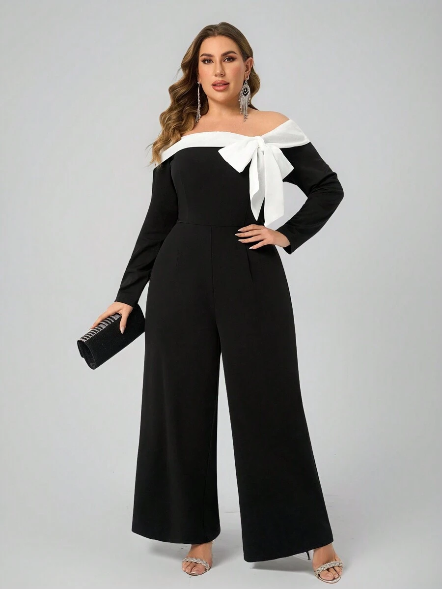 SHEIN Belle Bộ đồ liền thân ống rộng tối giản màu đen trắng thiết kế trễ vai thanh lịch cỡ lớn tay dài cạp cao - màu đen - Xem 1