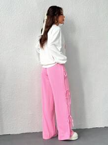 SHEIN EZwear 2pcs Women Bow Decor Simple Round Neck Long Sleeve Top And Pants Set - Pink - View 2