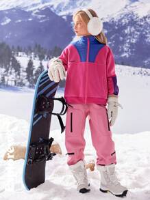 SHEIN Tween 女童休闲撞色拼接毛绒连帽夹克，适合户外穿着，秋冬季 - 粉色 - 查看 5