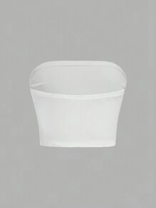 SHEIN Girlism Tween 女童白色时尚简约舒适褶皱亲肤防滑露肩抹胸