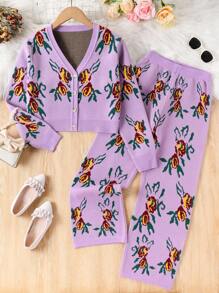 2pcs/Set Girls Floral Cardigan & Long Pants Suit, Retro Fashion Casual Knitted Set For Autumn/Winter - Mauve Purple - View 1
