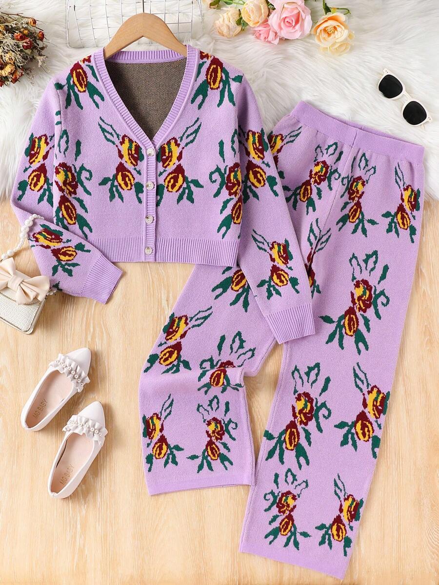 2pcs/Set Girls Floral Cardigan & Long Pants Suit, Retro Fashion Casual Knitted Set For Autumn/Winter - Mauve Purple - View 1