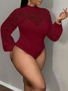 Slaydiva 大码女式浪漫优雅女士蕾丝修身连体裤、网眼裙和裙裤，大码 2 件/套 - 酒紅色 - 查看 5