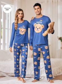 CoupledUp Men's Bear Print Round Neck Long Sleeve Casual Top And Pants Pajama Set