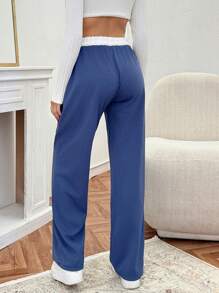 EURMUSE Women's Solid White Drawstring Waist Detailed Pants - Blue and White - View 2