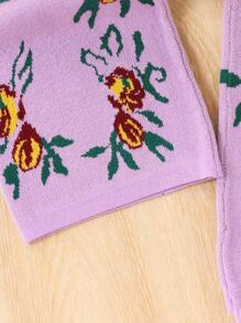 2pcs/Set Girls Floral Cardigan & Long Pants Suit, Retro Fashion Casual Knitted Set For Autumn/Winter - Mauve Purple - View 4