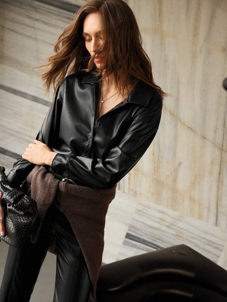 BUTTON UP DROP SHOULDER SHIRT