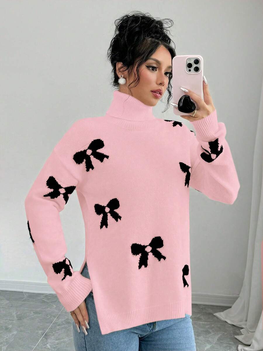 Chiquease 1 件女式高领长袖套头衫，带蝴蝶结细节，休闲简约 - 粉色 - 查看 1