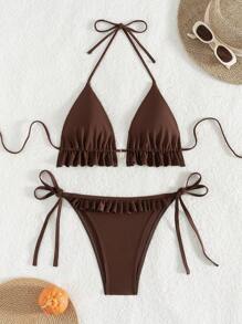 Swim Lushoire 2pcs/Set Women Beach Vacation Solid Color Ruffled Hem Halter Tie Sexy Bikini Summer - Brown - View 3