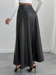 EURMUSE Women Belt Detailed Pu Leather Fabric Long A Line Skirt - Black - View 2