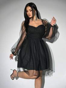 Allurite Plus Size Valentine's Day Mesh & Contrast Lace Square Collar Plicated Mini Dress, With Heart, Rose, Polka Dot, Love, Lip, Cupid, Floral Details
