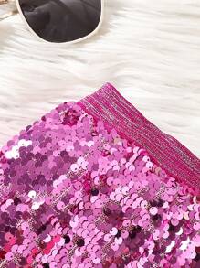 SHEIN Falda midi elegante con degradado de lentejuelas para niña, apta para ocasiones de fiesta - Rosa - Ver 5