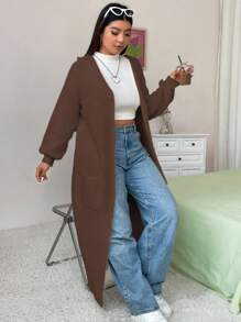 Flirla Áo len cardigan dệt kim đơn giản, tay dài màu trơn cỡ lớn, dành cho mùa đông - Cà phê nâu - Xem 6