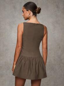 SHEIN BAE 女士纯色荷叶边下摆圆领无袖优雅迷你连衣裙，黑色返校节礼服，返校节礼服，短款礼服，黑色迷你连衣裙