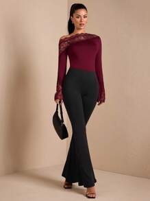 SHEIN BAE 女士秋冬纯色性感优雅不对称蕾丝撞色长喇叭袖紧身衣，适合分层搭配，温暖针织紧身衣，外向，浪漫约会，派对 - 酒紅色 - 查看 8