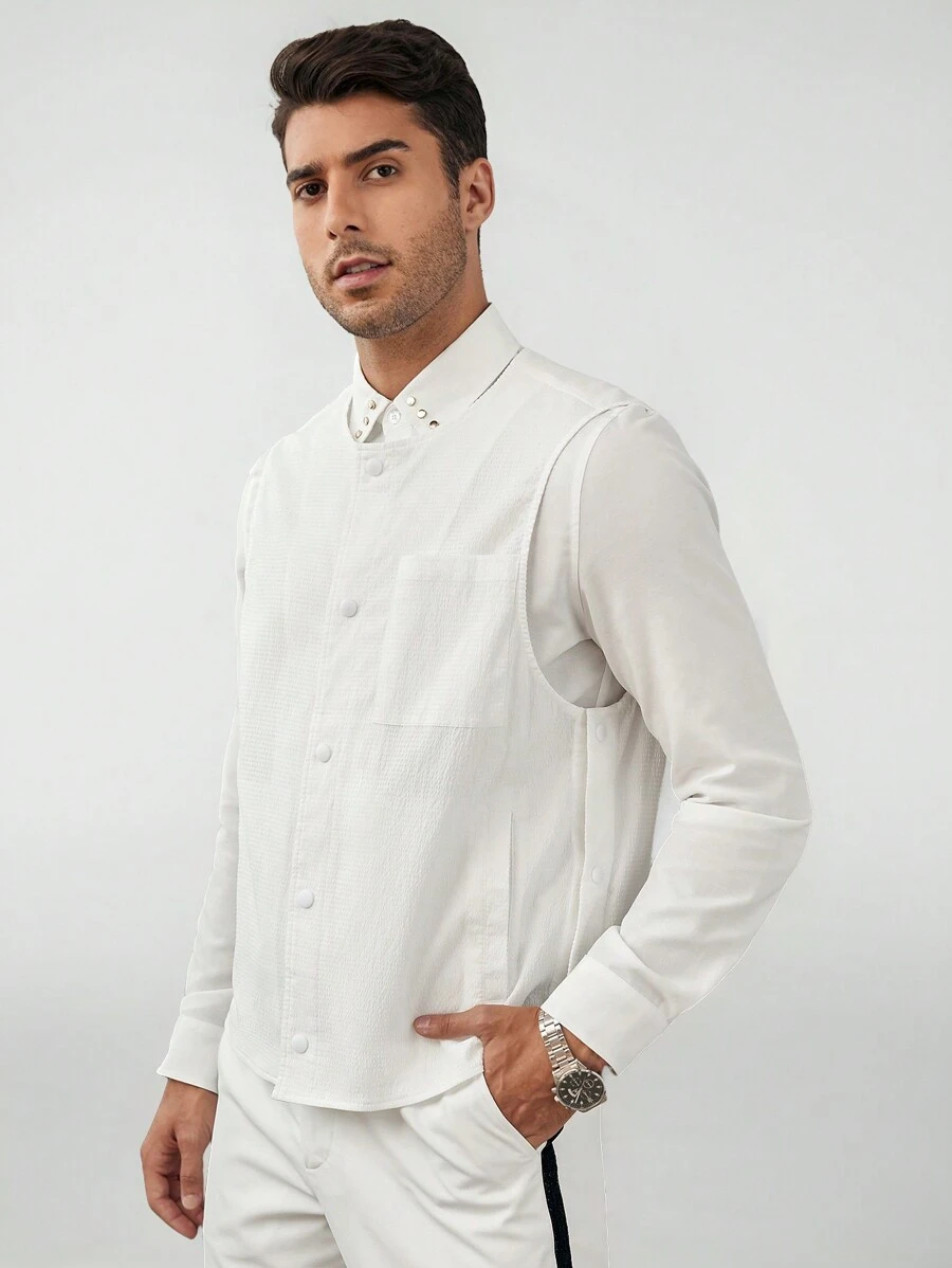 Manfinity VCAY 男士纯色纽扣前口袋贴布背心（不含衬衫） - 白色 - 查看 1