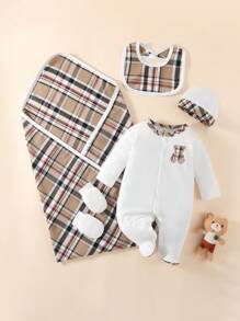 SHEIN Newborn Simple Style White Base Long Sleeve Jumpsuit With Bib Blanket Hat Gloves Multiple Sets Home Outfit