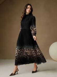 Anewsta Holiday Gradient Pleated Print Women Dress - Black - View 6