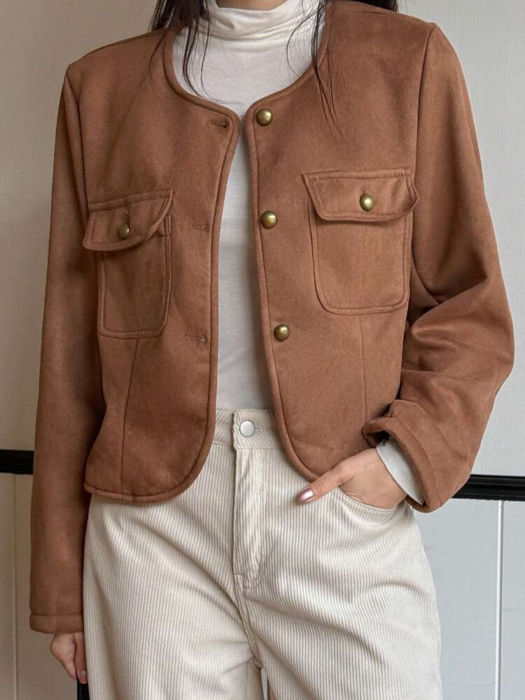 Women's Solid Color Long Sleeve Stand Collar Pocket Fitted Suedette Jacket For Autumn