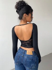 Allurite Women's Black Long Sleeve Ballet Style Lace Sheer Back Insert Sexy Basic Elegant T-Shirt, Suitable For Christmas, Valentine's Day, New Year Eve - Black - View 7