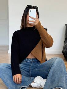 SHEIN Teen Girl's Casual/Autumn/Winter/Black And Brown Two-Color Overlapping Hem Sweater