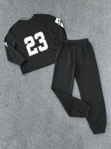 SHEIN 青少年男孩纯色拼布长袖数字印花简约运动衫和裤子套装 - 黑色 - 查看 2