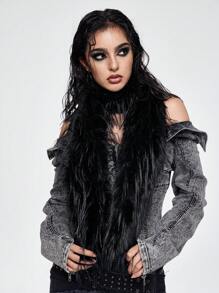 ROMWE Grunge Punk 1 件简单纯色毛绒围巾，Y2K 温暖毛茸茸超长围巾，厚厚的日常围巾 - 黑色 - 查看 4