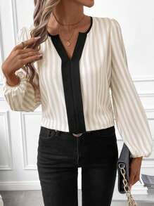 SHEIN Clasi 女士条纹 V 领长袖衬衫，适合通勤和日常外出，春夏季 - 彩色 - 查看 2