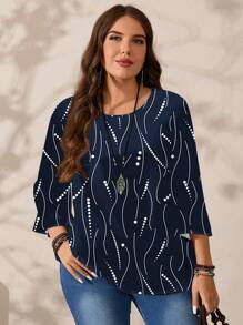 EMERY ROSE 女式大码休闲波尔卡圆点条纹全印花圆领宽松 3/4 袖衬衫，秋冬