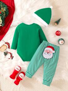 3pcs Set Baby Boy Casual Santa Claus Embroidery Bodysuit And Pants Christmas Outfit Clothes Set - Green - View 2