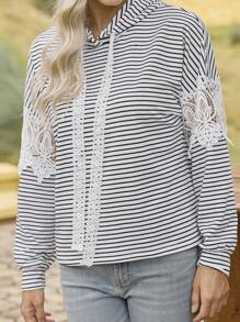 LanaWest Women's Autumn Patchwork Striped Long Sleeve Hooded Loose Casual Sweatshirt Pullover Fall - White - View 1