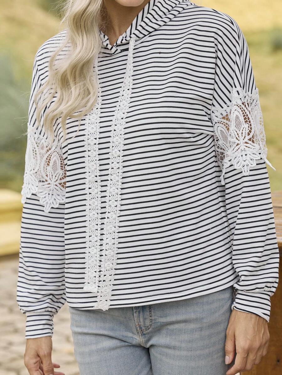LanaWest Women's Autumn Patchwork Striped Long Sleeve Hooded Loose Casual Sweatshirt Pullover Fall - White - View 1