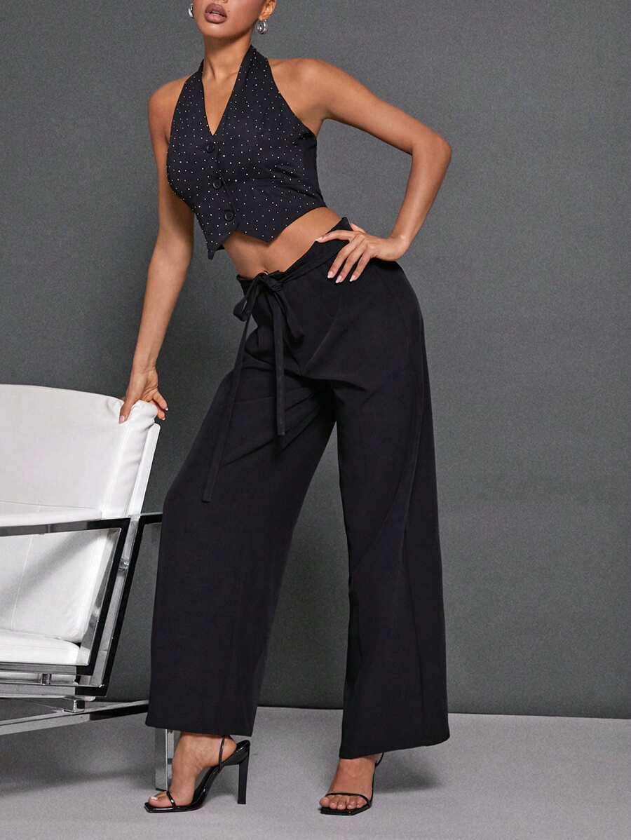 Hauture 女士纯色打结腰直腿宽松休闲办公裤 - 黑色 - 查看 1